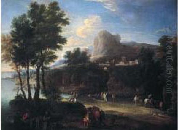 Villa Antique Pres Du Rivage Animee De Promeneurs Et De
 Pecheurs Oil Painting by Mattijs Schoevaerdts