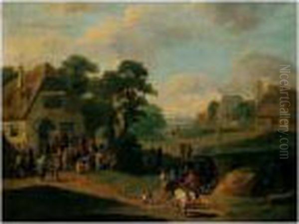 A Village Scene With Peasants 
Dancing Before An Inn, Waggoners On A Path In The Foreground Oil Painting by Mattijs Schoevaerdts