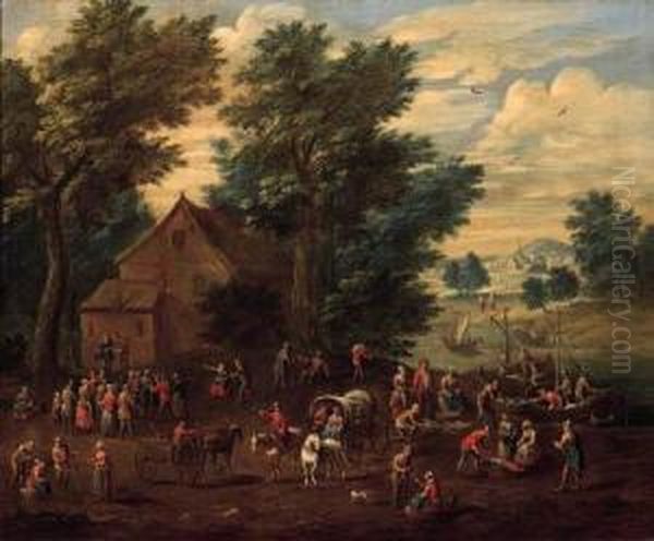 Village Fairs With Peasants And 
Numerous Onlookers, Fishermenunloading Their Catch On Landing Stages 
Nearby Oil Painting by Mattijs Schoevaerdts