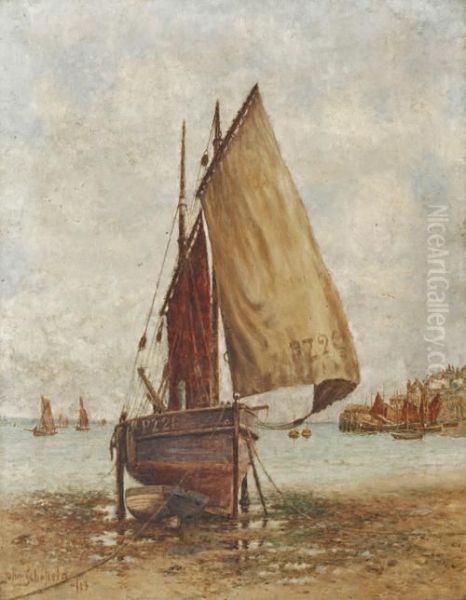 Coastal Scene, With Beached Fishing Vessel Oil Painting by John William Schofield