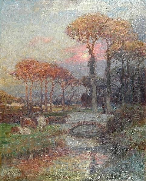 Cattle By A River At Sunrise Oil Painting by John William Schofield