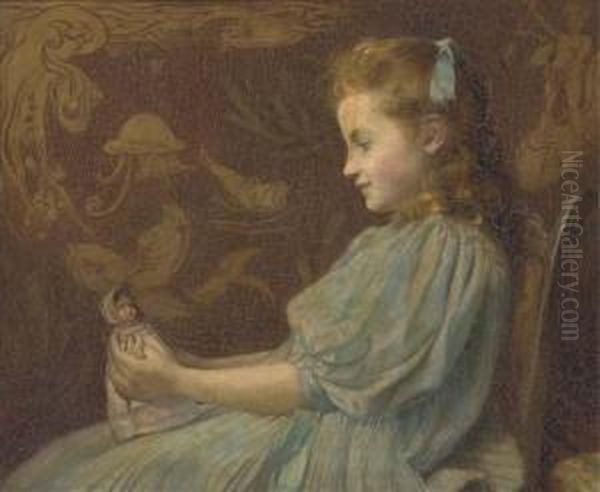 Portrait Of A Girl, Seated 
Half-length, In A Blue Dress, Holding Adoll, In An Art Nouveau Interior Oil Painting by John William Schofield