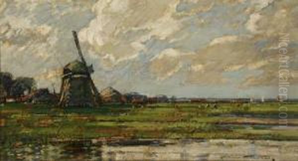 Polder Landscape With Windmill Oil Painting by Kershaw Schofield