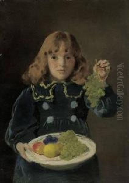 Junges Madchen Mit Obstteller Und Weintrauben Oil Painting by Otto Scholderer