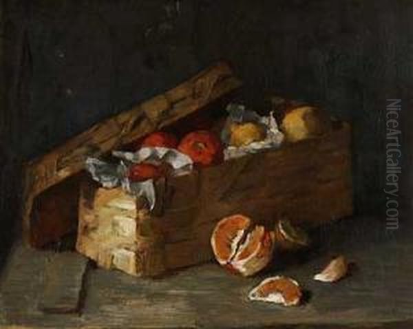 Bastkorb Mit Apfeln, Zitronen Und Geschalten Orangen Oil Painting by Otto Scholderer