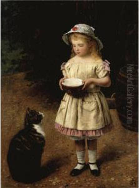 Kind Mit Katze (her Favourite Pet) Oil Painting by Otto Scholderer