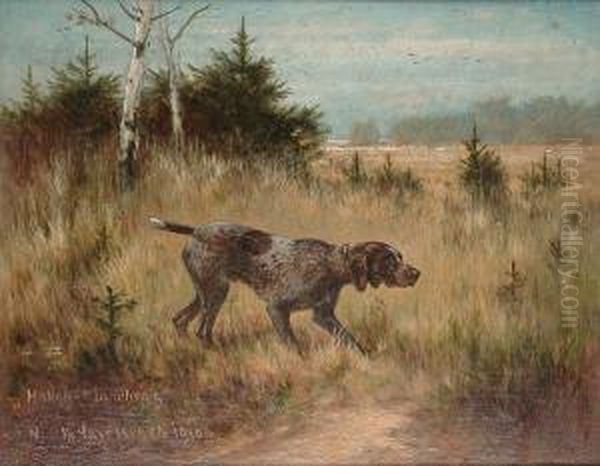 German Short Haired Pointer On The Scent Oil Painting by Otto Scholderer