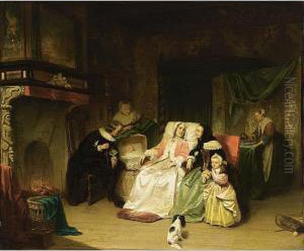 Admiring The New Born Oil Painting by Hendrik Jacobus Scholten