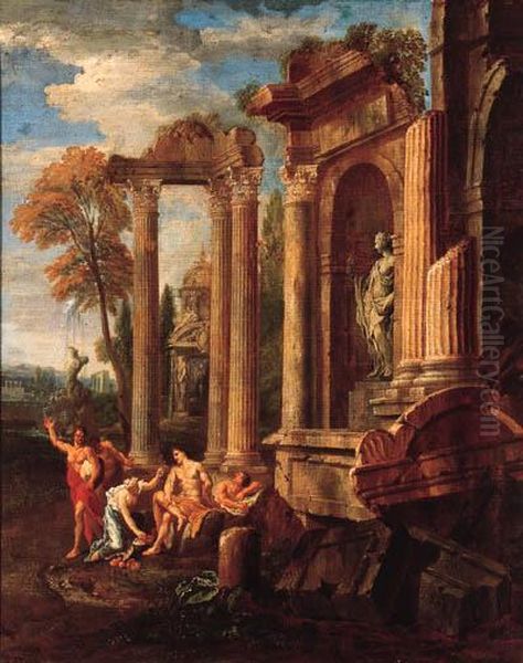 Italianate Landscapes With Figures Amongst Classical Ruins Oil Painting by Johann Heinrich Schonfeld