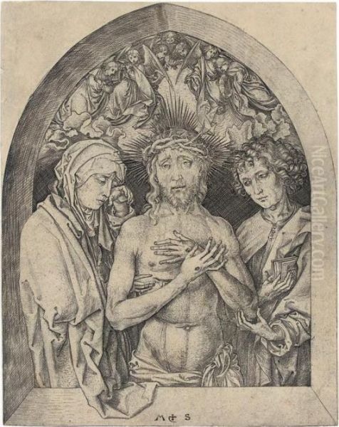 The Man Of Sorrows Between The Virgin And Saint John Oil Painting by Martin Schongauer