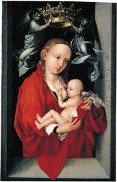 'maria Lactans': The Virgin And Child Crowned By Angels, In A Window Embrasure Oil Painting by Martin Schongauer