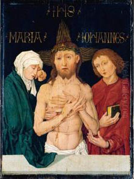 Christ As The Man Of Sorrows, Flanked By The Virgin And Saint John Oil Painting by Martin Schongauer