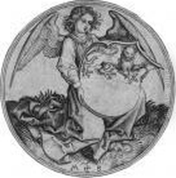 A Shield With A Lion Passant Guardant, Supported By An Angel (l., Holl. 95) Oil Painting by Martin Schongauer