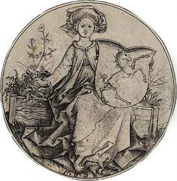 Shield With A Unicorn, Held By A Woman Oil Painting by Martin Schongauer