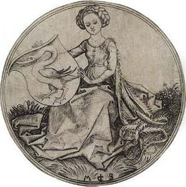 Shield With A Swan, Held By A Woman Oil Painting by Martin Schongauer