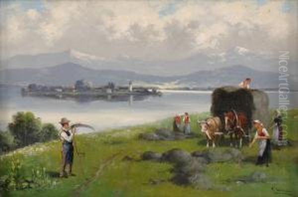 Heuernte Am Chiemsee. Oil Painting by Alfred Schonian