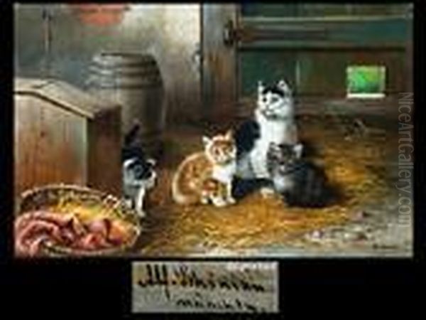 Die Katzen Im Stall Oil Painting by Alfred Schonian