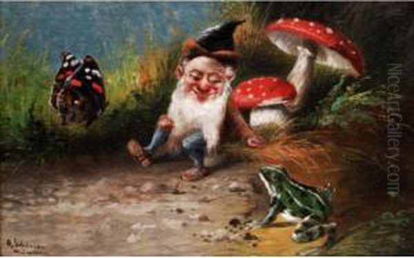 Gnome And Frog Oil Painting by Alfred Schonian