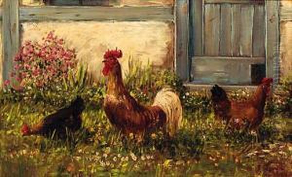 Chickens By A Barn Oil Painting by Alfred Schonian