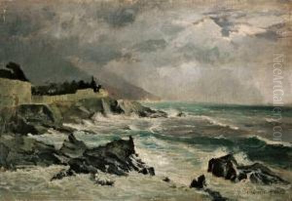 Kuste Bei Nervi Im Sturm. Oil Painting by Gustav Schonleber