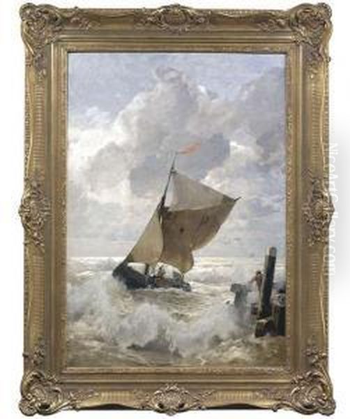 Schonleber, Gustav. Fishing Boat In Rough Sea Oil Painting by Gustav Schonleber