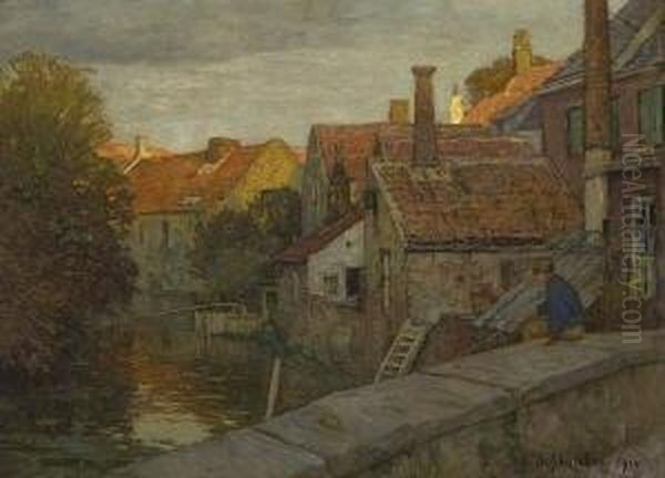 Angler Auf Der Brucke Uber Dem
 Stadtbach. Oil Painting by Gustav Schonleber