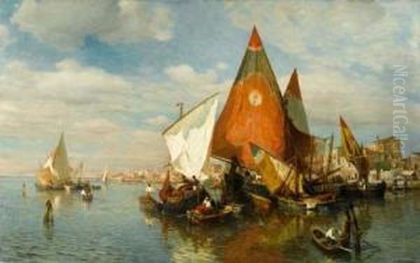 Fisher Boats Near Chioggia. 1878. Oil Painting by Gustav Schonleber