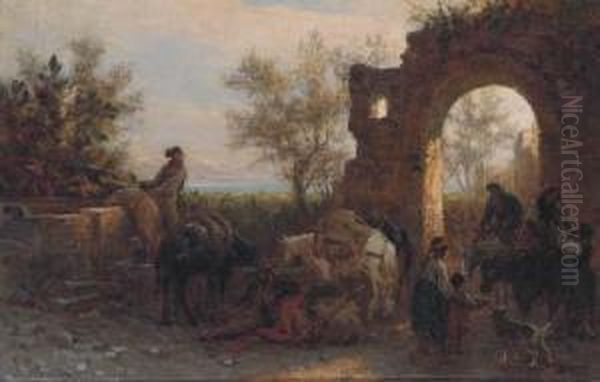 Travellers Watering Horses At A Ruin Oil Painting by Alois Schonn