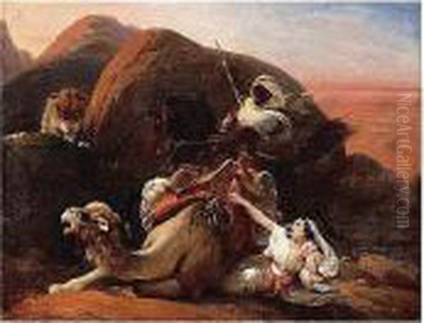 A Lion Attacking An Arab Family Oil Painting by Frederic Henri Schopin