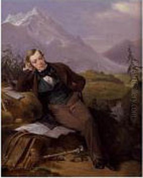 Portrait Of A Young Man Resting In A Mountainous Landscape Oil Painting by Frederic Henri Schopin