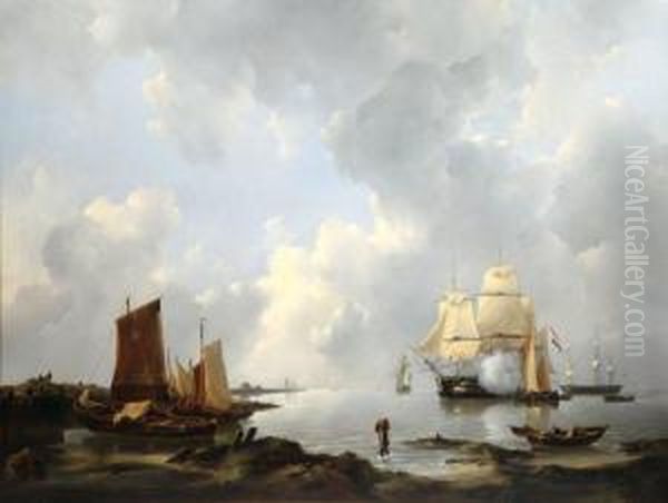 Bateaux Hollandais Au Mouillage Oil Painting by Johannes Christian Schotel