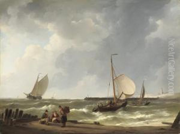 Woelende Zee: Sailing Vessels Approaching A Shore Oil Painting by Johannes Christian Schotel