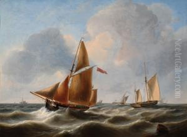 Ships At Sea Oil Painting by Johannes Christian Schotel