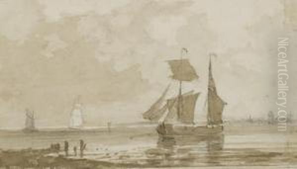 Des Voiliers En Mer (recto); Un Bateau A Deux Mats(verso) Oil Painting by Johannes Christian Schotel