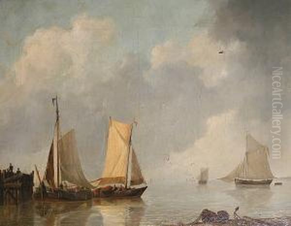 Shipping On A Calm Sea Oil Painting by Johannes Christian Schotel