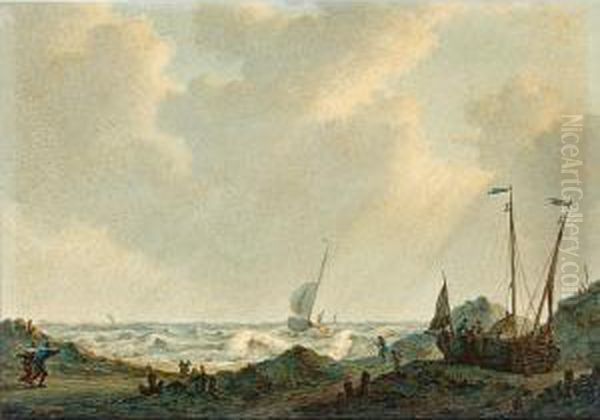 Beach Scene With Fisherfolk Near Ships On The Shore Oil Painting by Johannes Christian Schotel