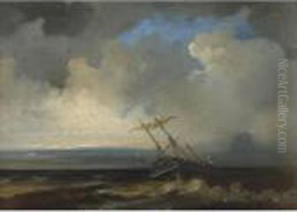 Ship In Stormy Sea Oil Painting by Johannes Christian Schotel