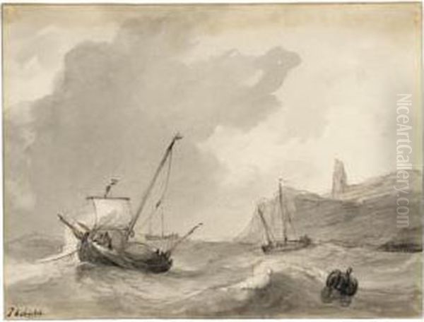 A) Beach Scene With Beached 
Boats By A Breakwater And A Man Wading In A Rough Sea; B) Boats On A 
Rough Sea, Off A Rugged Coast Oil Painting by Johannes Christian Schotel