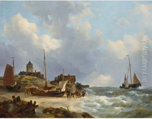 Fishermen On The Beach Near Egmond Oil Painting by Johannes Christian Schotel