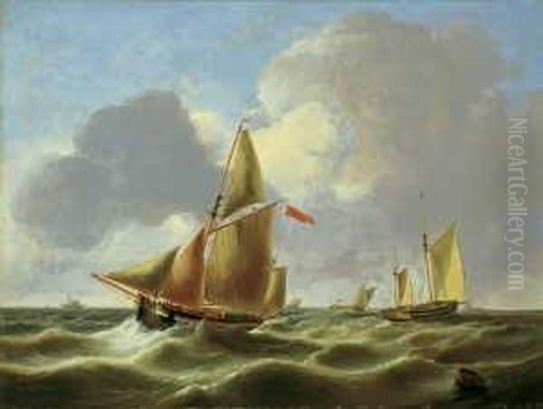 Schiffe Auf Bewegter See. 
Signiert Unten Rechts: J. C. Schotel. Ol Auf Holz. H 49; B 65 Cm. Oil Painting by Johannes Christian Schotel