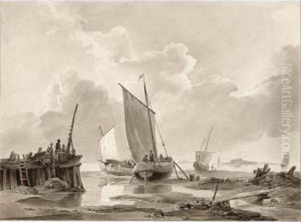 Fishing Boats Beached Near A Pier Oil Painting by Johannes Christian Schotel