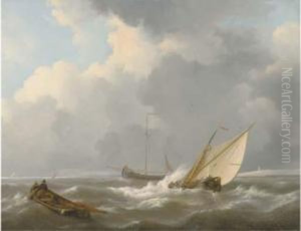 Shipping In A Brisk Wind Oil Painting by Johannes Christian Schotel