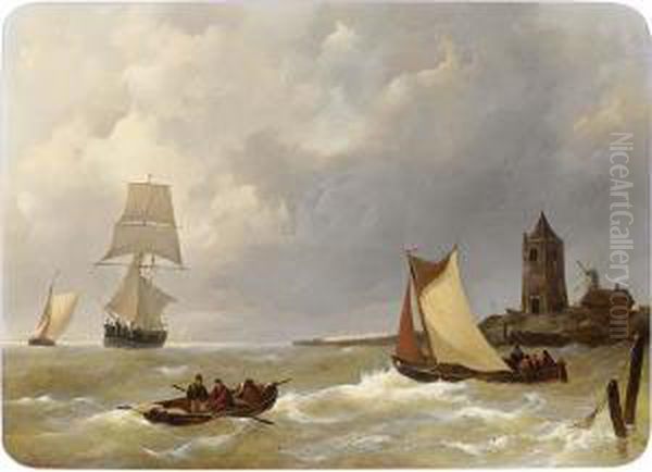 Sailing Vessels Off The Shore Oil Painting by Johannes Christian Schotel