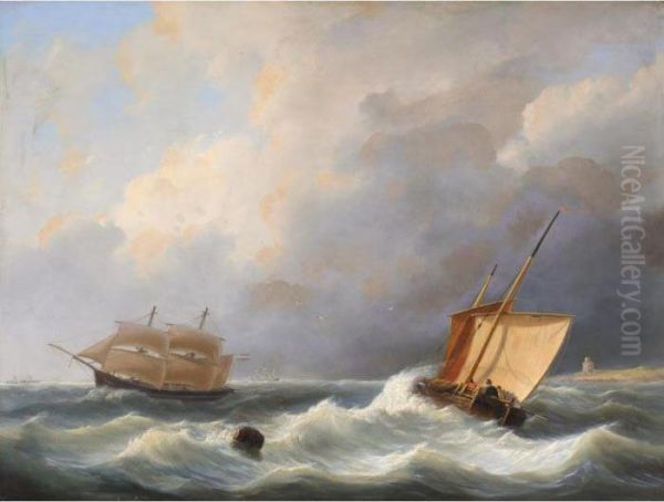 Ships Off The Coast Oil Painting by Johannes Christian Schotel