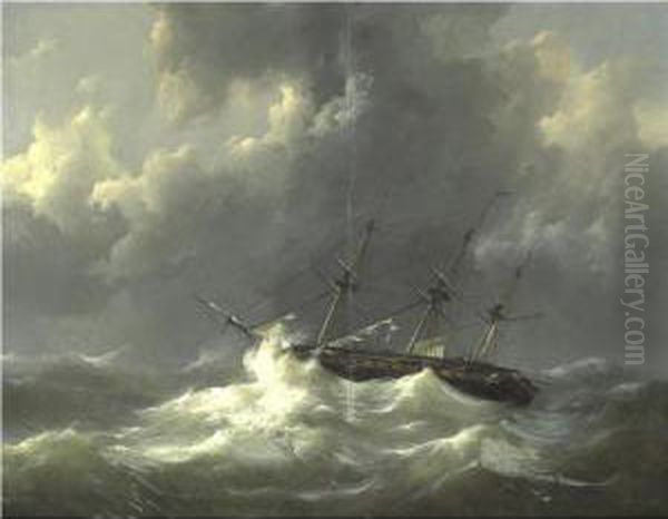 Ship In Distress Oil Painting by Johannes Christian Schotel