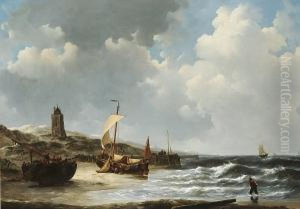 Fishing Boats On The Beach Near Egmond At Low Tide Oil Painting by Johannes Christian Schotel