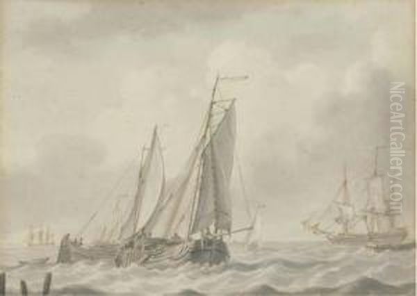 Barges In Close Quarters At The Mouth Of The Estuary Oil Painting by Johannes Christian Schotel