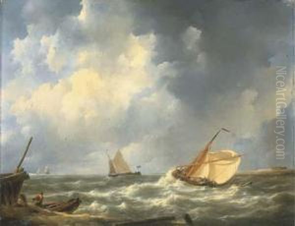 Voiliers Sur Une Mer Agitee Oil Painting by Johannes Christian Schotel