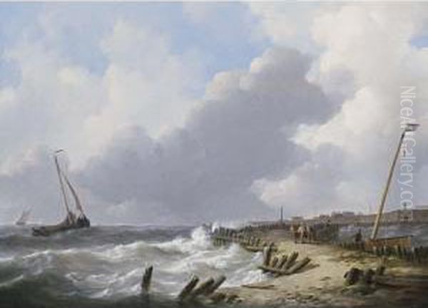 Shipping In Choppy Waters, Dordrecht In The Distance Oil Painting by Johannes Christian Schotel