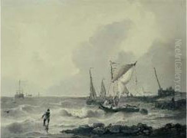 Bateaux Sur Des Rivages Oil Painting by Johannes Christian Schotel